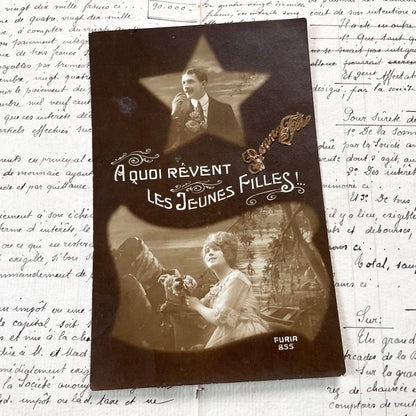 1910s - Dreamy French Postcard - What Young Girls Dream Of - Romantic Sepia Couple - Furia 855 Vintage Ephemera