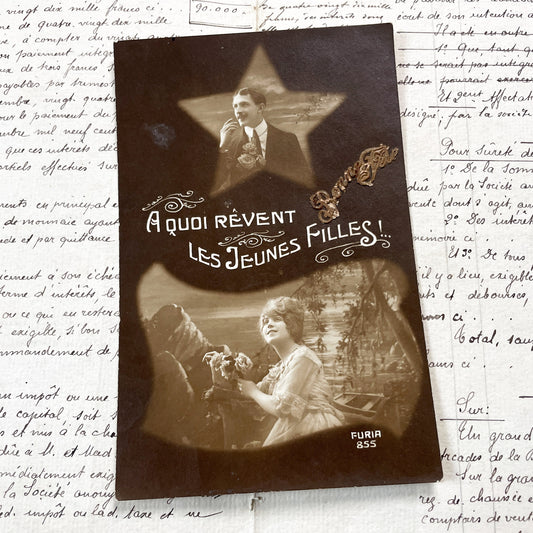 1910s - Dreamy French Postcard - What Young Girls Dream Of - Romantic Sepia Couple - Furia 855 Vintage Ephemera