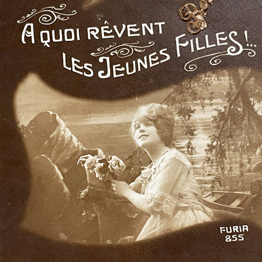1910s - Dreamy French Postcard - What Young Girls Dream Of - Romantic Sepia Couple - Furia 855 Vintage Ephemera