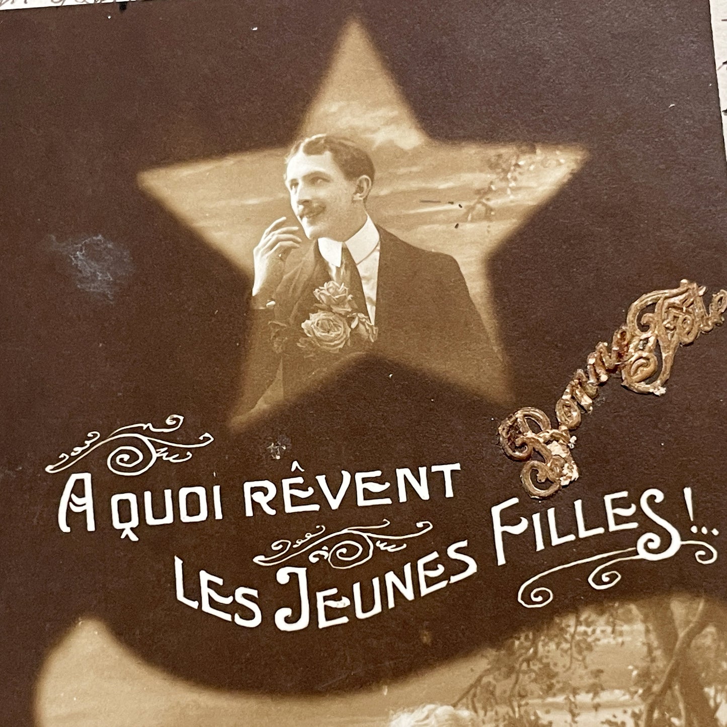 1910s - Dreamy French Postcard - What Young Girls Dream Of - Romantic Sepia Couple - Furia 855 Vintage Ephemera
