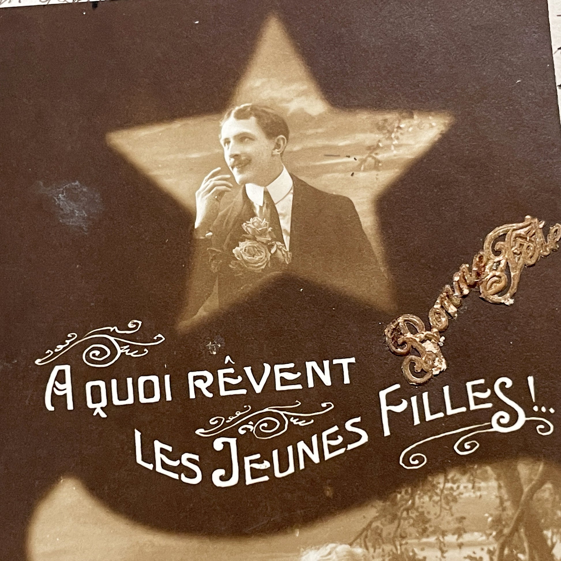 1910s - Dreamy French Postcard - What Young Girls Dream Of - Romantic Sepia Couple - Furia 855 Vintage Ephemera