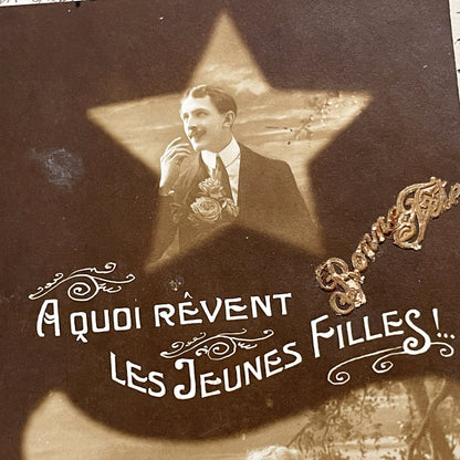 1910s - Dreamy French Postcard - What Young Girls Dream Of - Romantic Sepia Couple - Furia 855 Vintage Ephemera