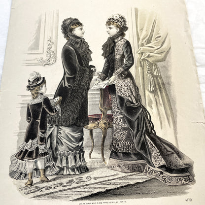 1880s - Exquisite Journal des Demoiselles Fashion Plate - Antique French Engraving - Victorian Women and Child Period Costume Illustration