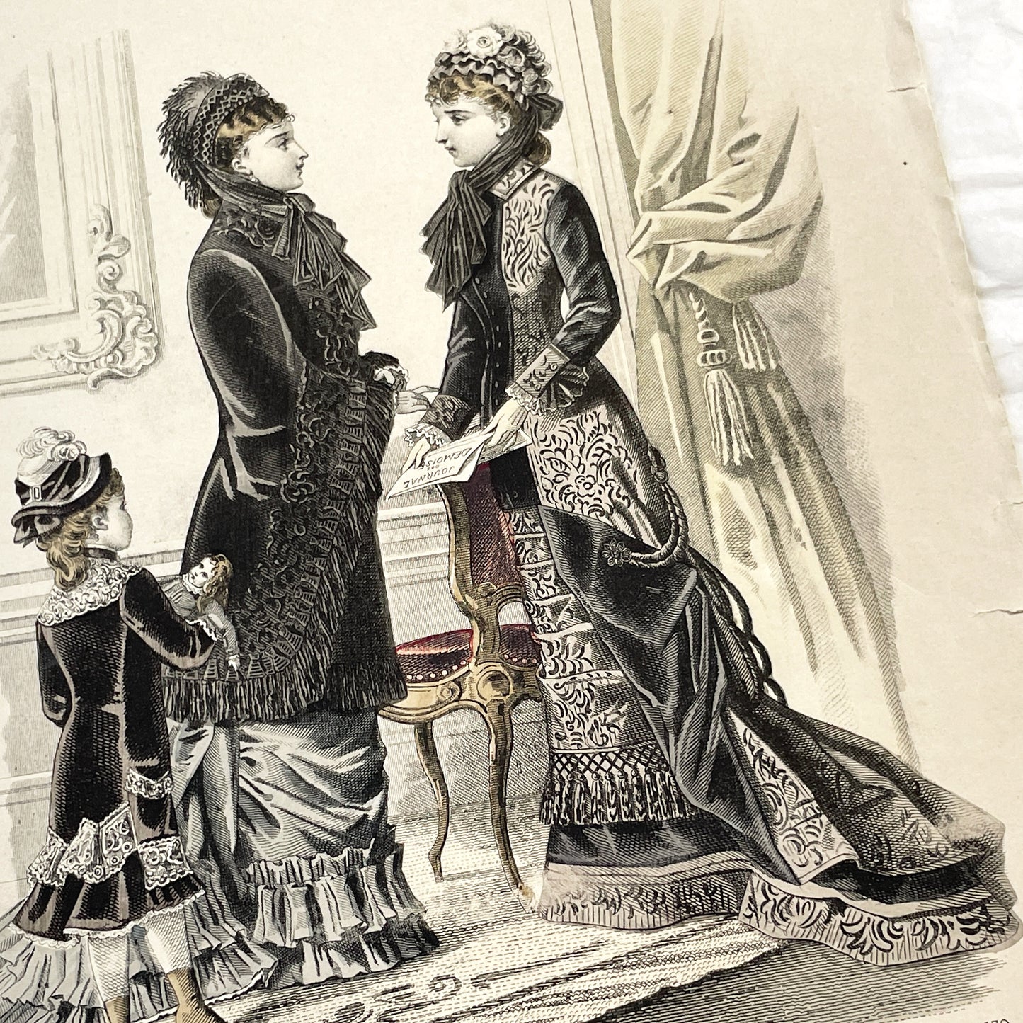 1880s - Exquisite Journal des Demoiselles Fashion Plate - Antique French Engraving - Victorian Women and Child Period Costume Illustration