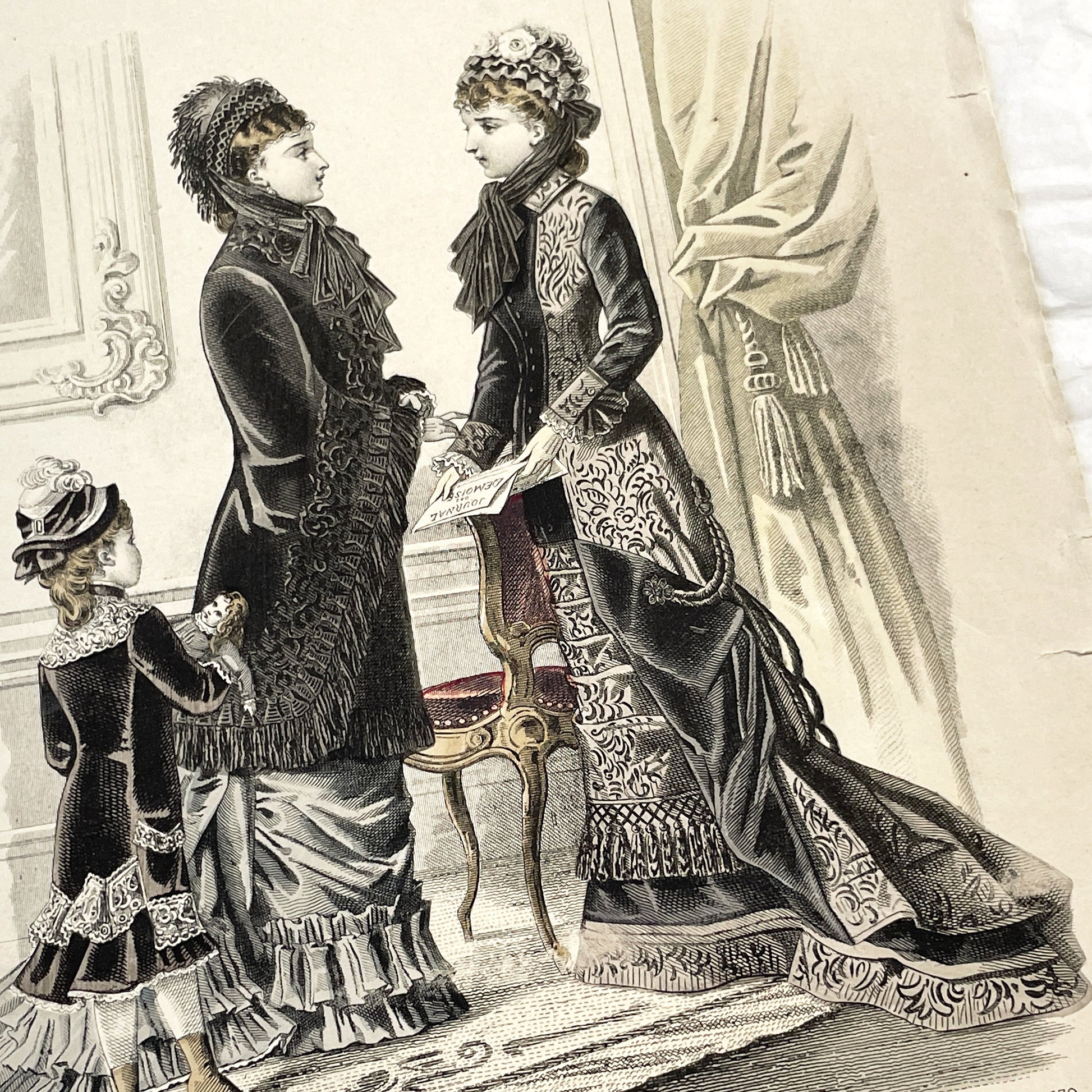 1880s - Exquisite Journal des Demoiselles Fashion Plate - Antique French Engraving - Victorian Women and Child Period Costume Illustration