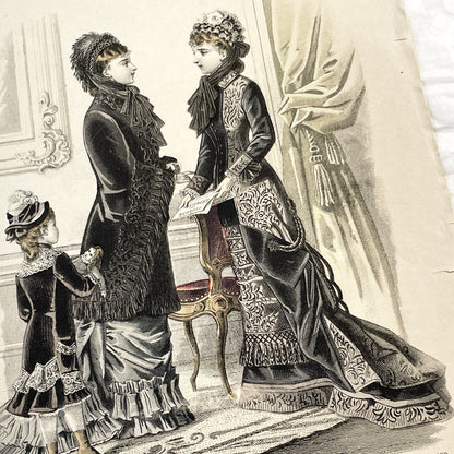 1880s - Exquisite Journal des Demoiselles Fashion Plate - Antique French Engraving - Victorian Women and Child Period Costume Illustration