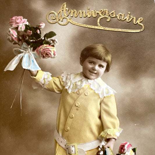 1910s - Vintage French Anniversaire Postcard - Adorable Young Child with Hand-Colored Flower Bouquets - Sepia Photo Ephemera Card