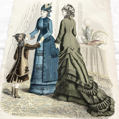 1880s - Rare Journal des Demoiselles Fashion Print - Victorian French Style Plate with Bustle Dresses & Child - Paris Art