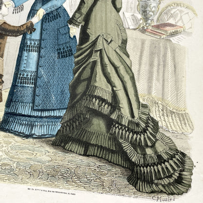 1880s - Rare Journal des Demoiselles Fashion Print - Victorian French Style Plate with Bustle Dresses & Child - Paris Art