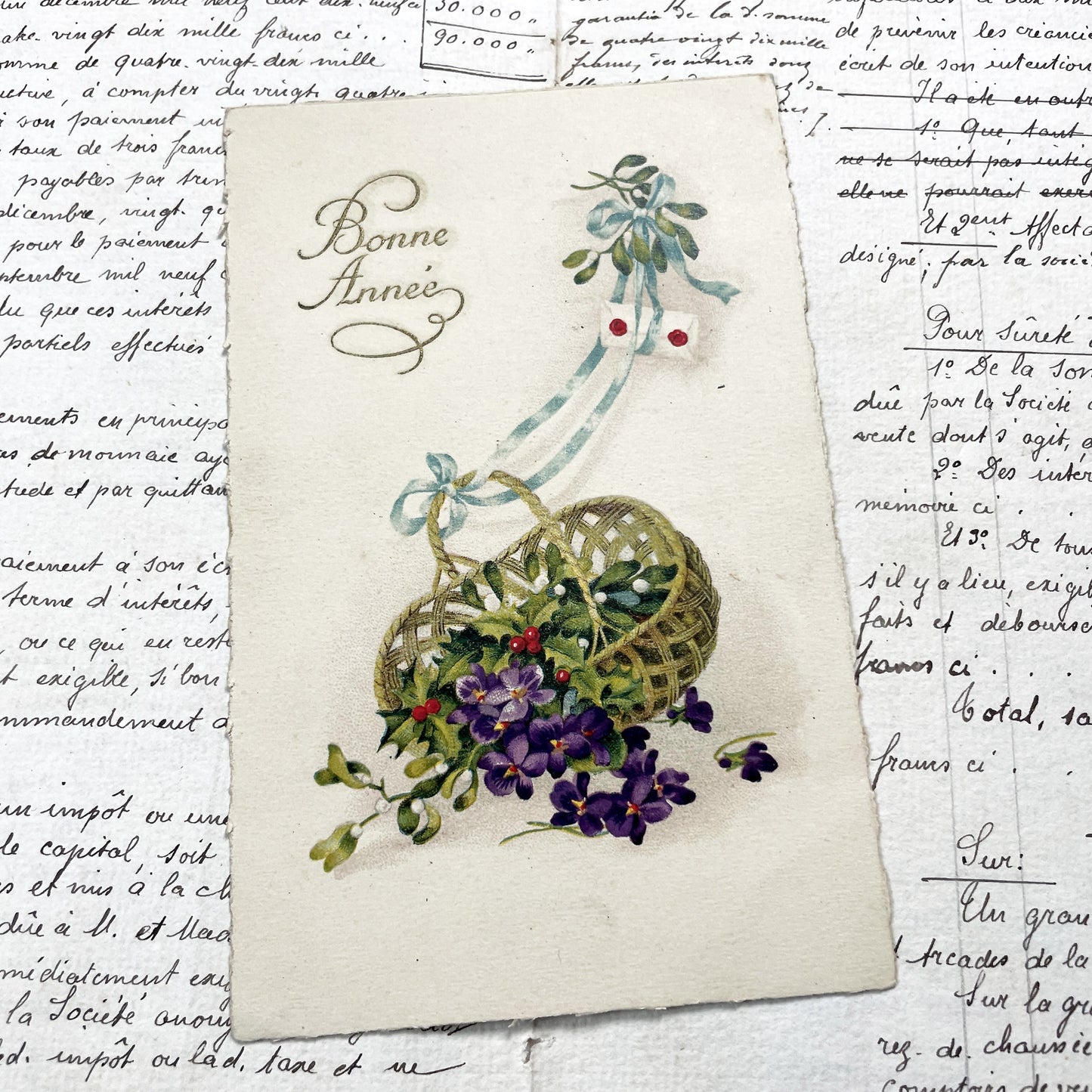 1900s - Vintage French New Year Card - Bonne Année Greetings - Floral Basket Mistletoe Violets - Festive Holiday Ephemera Collectible