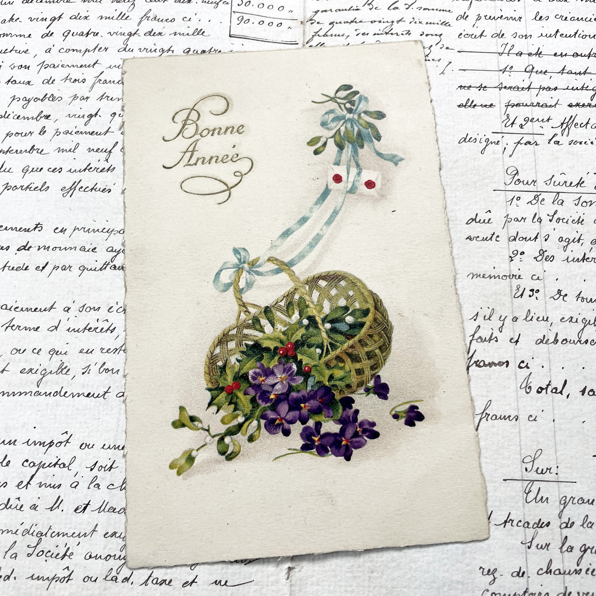1900s - Vintage French New Year Card - Bonne Année Greetings - Floral Basket Mistletoe Violets - Festive Holiday Ephemera Collectible