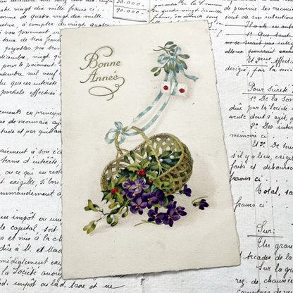 1900s - Vintage French New Year Card - Bonne Année Greetings - Floral Basket Mistletoe Violets - Festive Holiday Ephemera Collectible