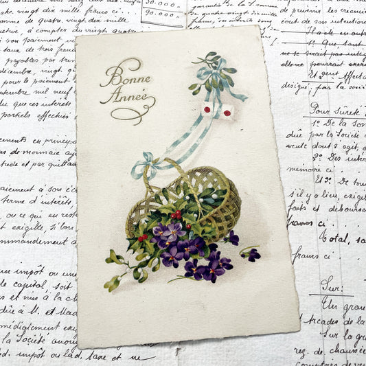 1900s - Vintage French New Year Card - Bonne Année Greetings - Floral Basket Mistletoe Violets - Festive Holiday Ephemera Collectible
