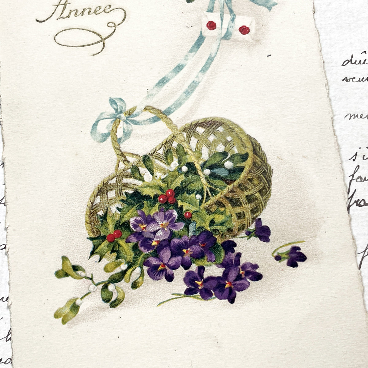 1900s - Vintage French New Year Card - Bonne Année Greetings - Floral Basket Mistletoe Violets - Festive Holiday Ephemera Collectible