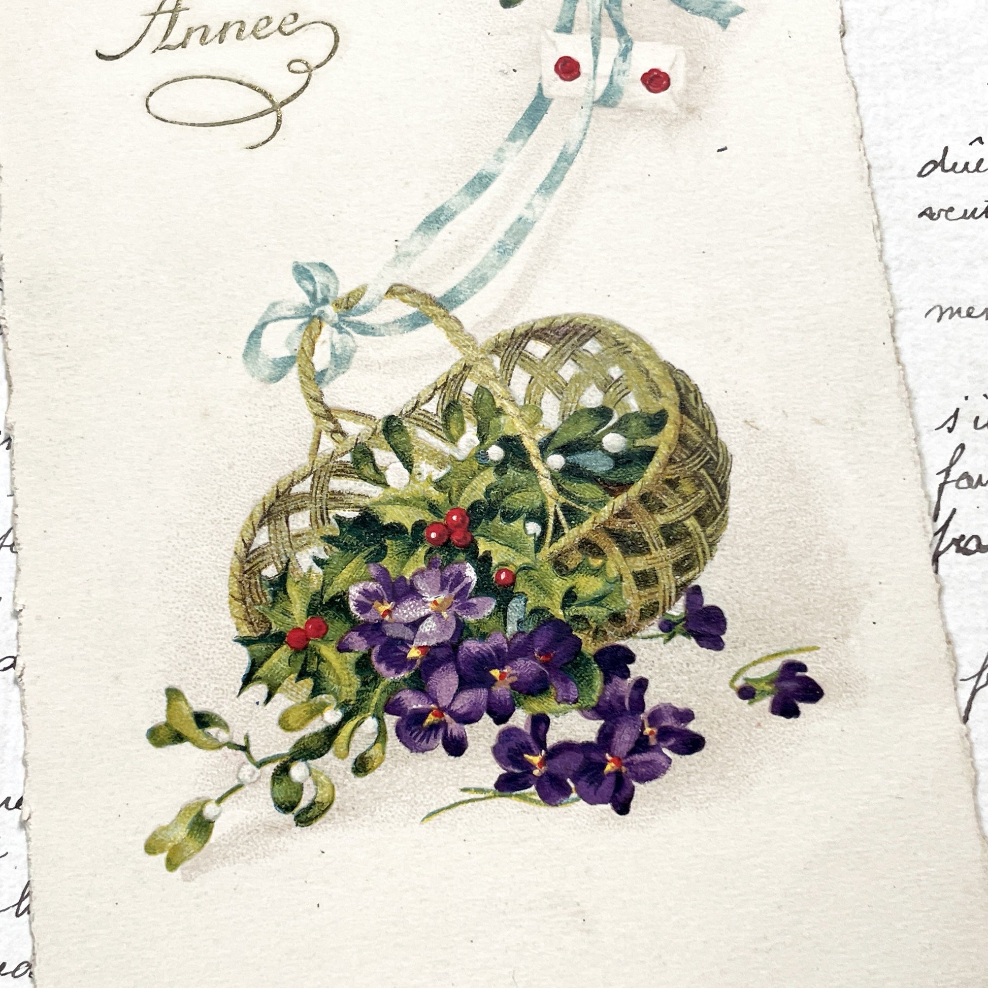 1900s - Vintage French New Year Card - Bonne Année Greetings - Floral Basket Mistletoe Violets - Festive Holiday Ephemera Collectible
