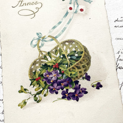 1900s - Vintage French New Year Card - Bonne Année Greetings - Floral Basket Mistletoe Violets - Festive Holiday Ephemera Collectible