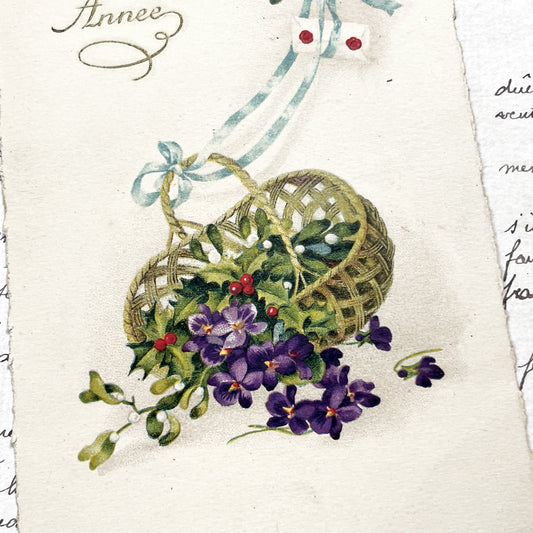 1900s - Vintage French New Year Card - Bonne Année Greetings - Floral Basket Mistletoe Violets - Festive Holiday Ephemera Collectible