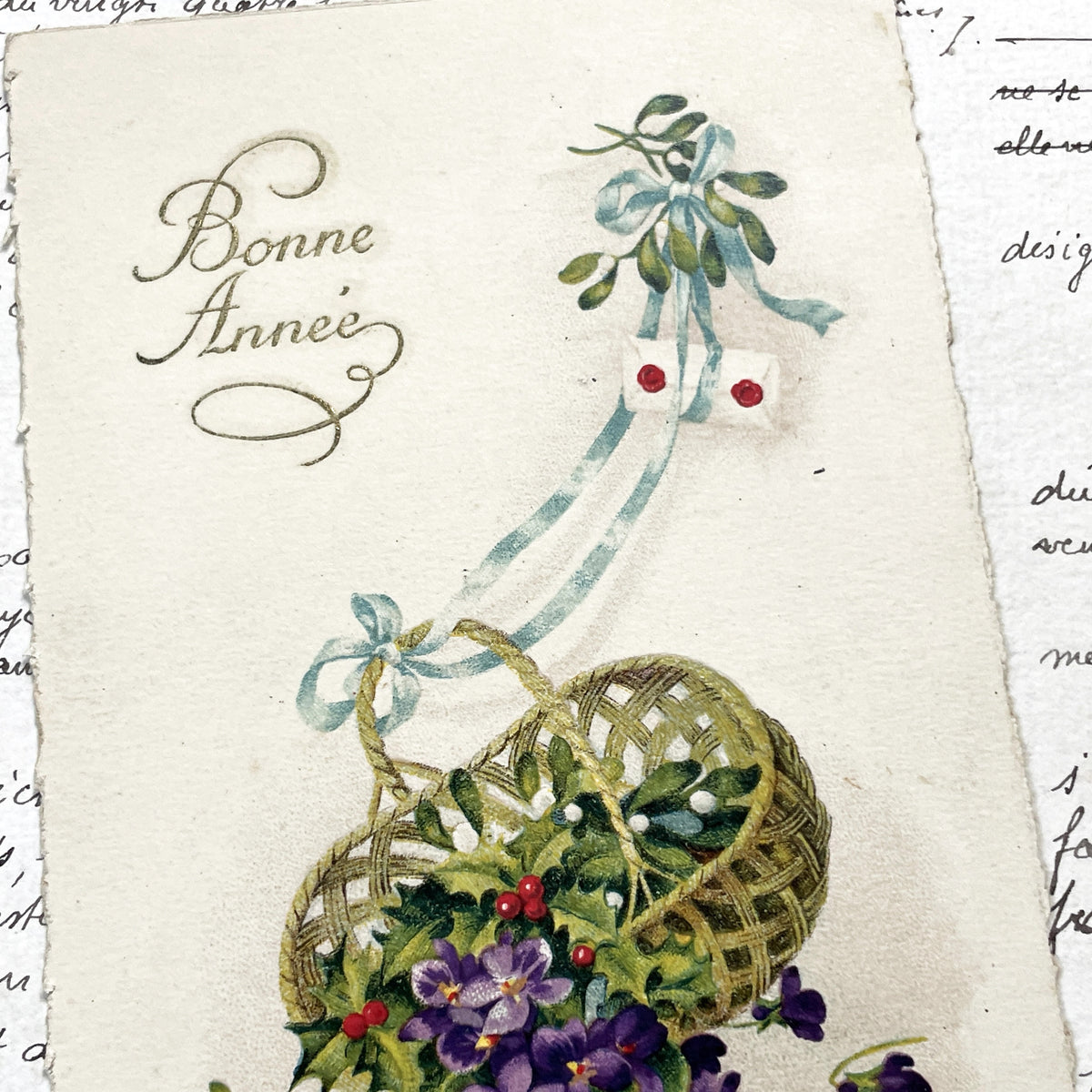 1900s - Vintage French New Year Card - Bonne Année Greetings - Floral Basket Mistletoe Violets - Festive Holiday Ephemera Collectible