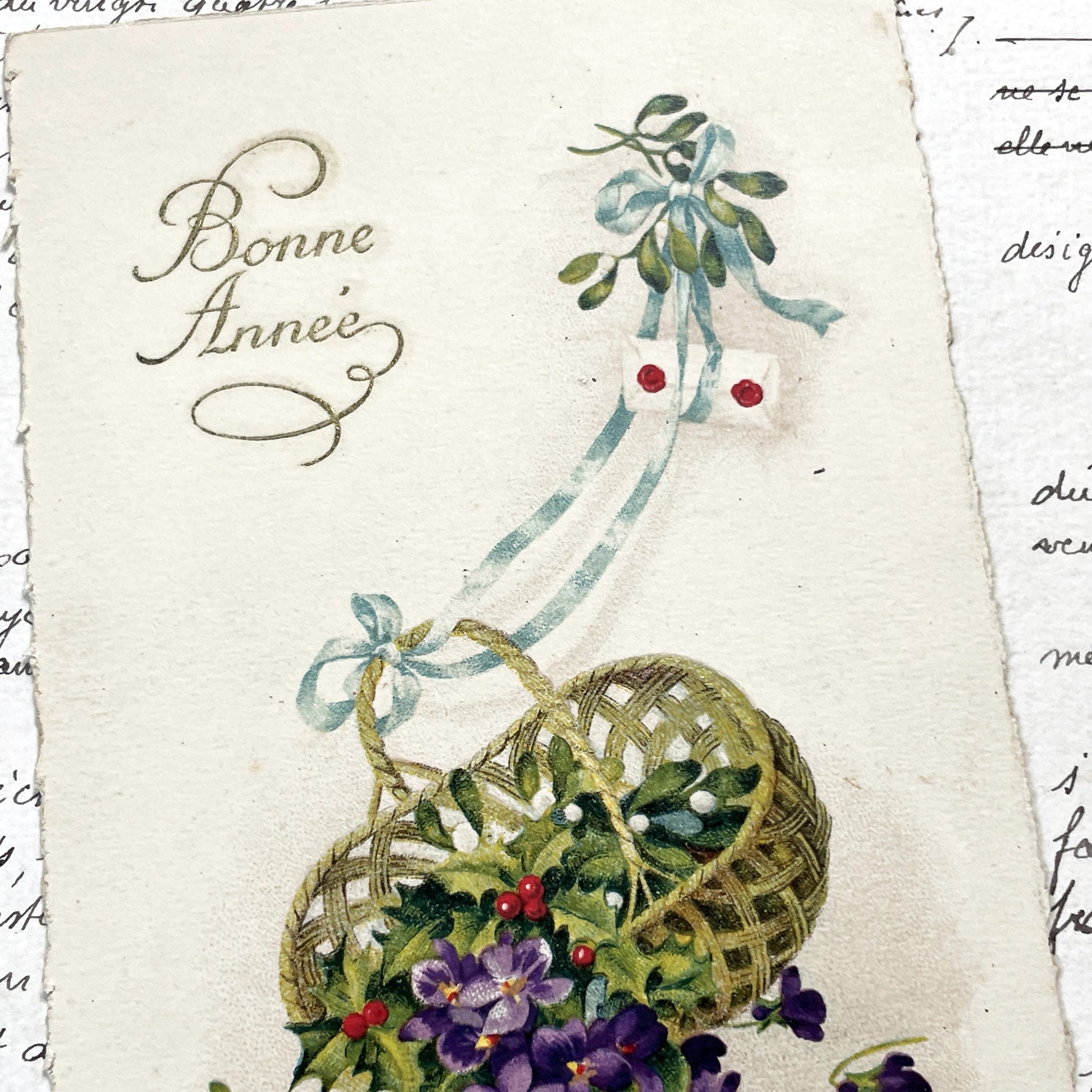 1900s - Vintage French New Year Card - Bonne Année Greetings - Floral Basket Mistletoe Violets - Festive Holiday Ephemera Collectible