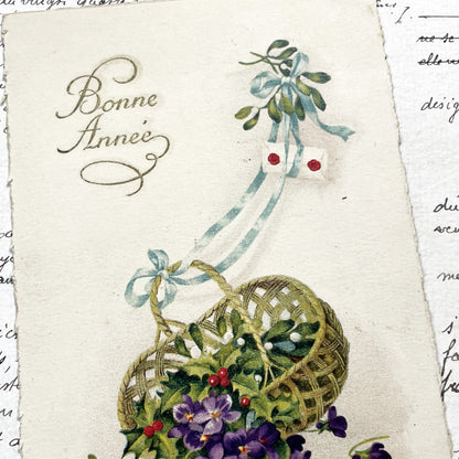 1900s - Vintage French New Year Card - Bonne Année Greetings - Floral Basket Mistletoe Violets - Festive Holiday Ephemera Collectible