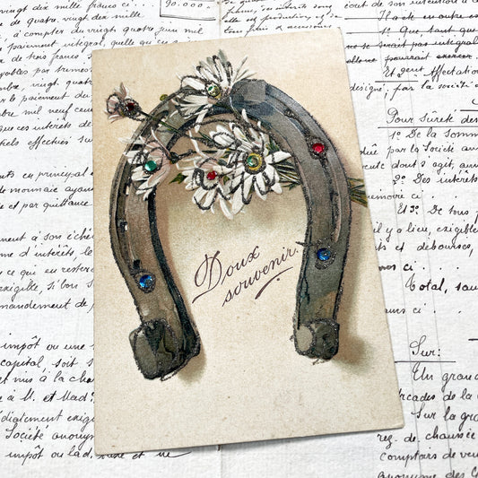 1900s - Antique French Horseshoe Postcard with Glitter Jewels - Doux Souvenir Ephemera - Collectible Vintage Art Card