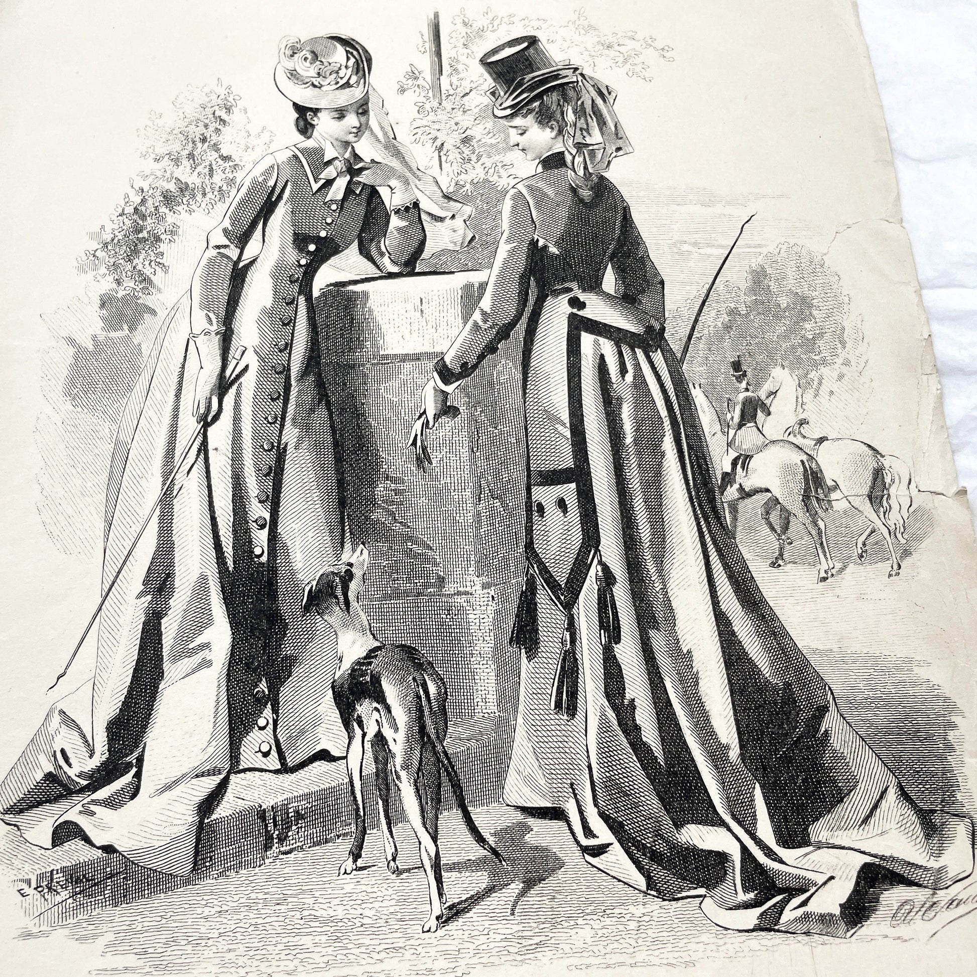 1870s - Exquisite French Fashion Print from Journal des Demoiselles - Original 1875 Engraving - Elegant Parisian Ladies and Greyhound Dog