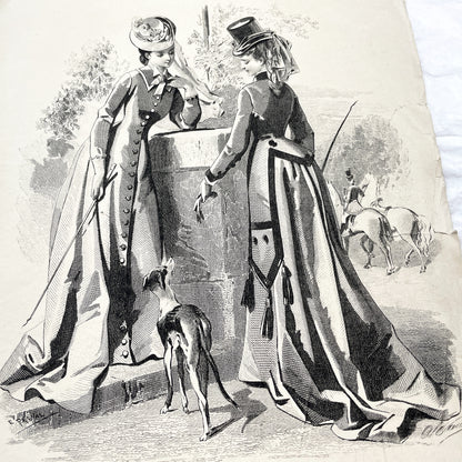 1870s - Exquisite French Fashion Print from Journal des Demoiselles - Original 1875 Engraving - Elegant Parisian Ladies and Greyhound Dog