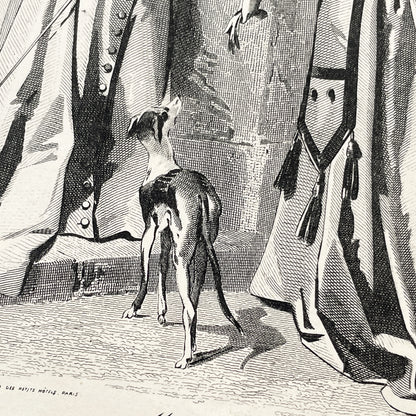 1870s - Exquisite French Fashion Print from Journal des Demoiselles - Original 1875 Engraving - Elegant Parisian Ladies and Greyhound Dog
