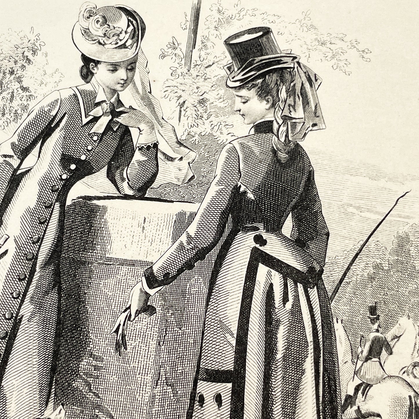 1870s - Exquisite French Fashion Print from Journal des Demoiselles - Original 1875 Engraving - Elegant Parisian Ladies and Greyhound Dog