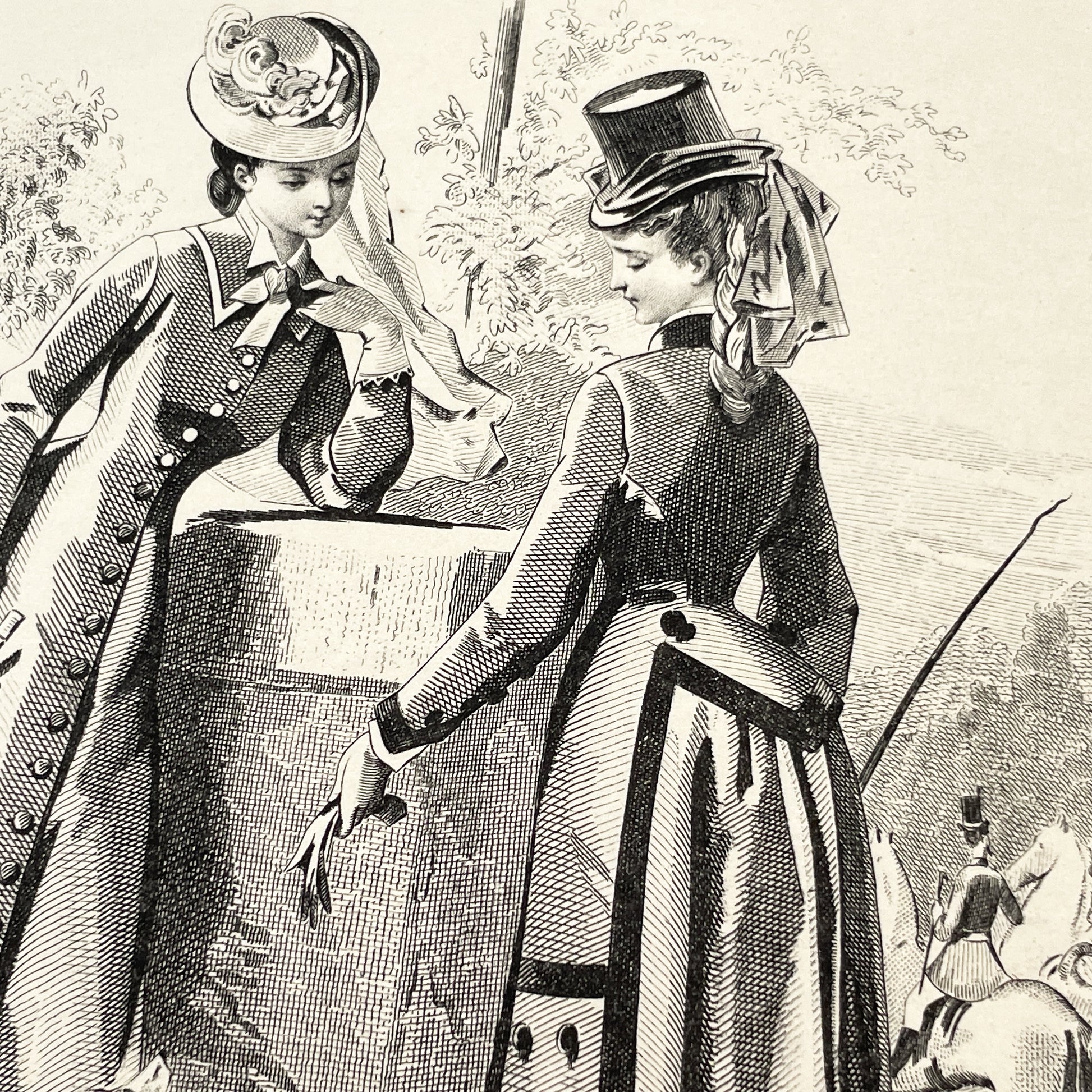 1870s - Exquisite French Fashion Print from Journal des Demoiselles - Original 1875 Engraving - Elegant Parisian Ladies and Greyhound Dog