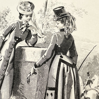 1870s - Exquisite French Fashion Print from Journal des Demoiselles - Original 1875 Engraving - Elegant Parisian Ladies and Greyhound Dog