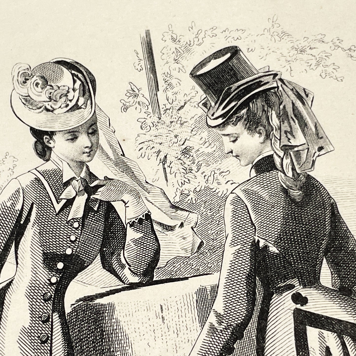 1870s - Exquisite French Fashion Print from Journal des Demoiselles - Original 1875 Engraving - Elegant Parisian Ladies and Greyhound Dog