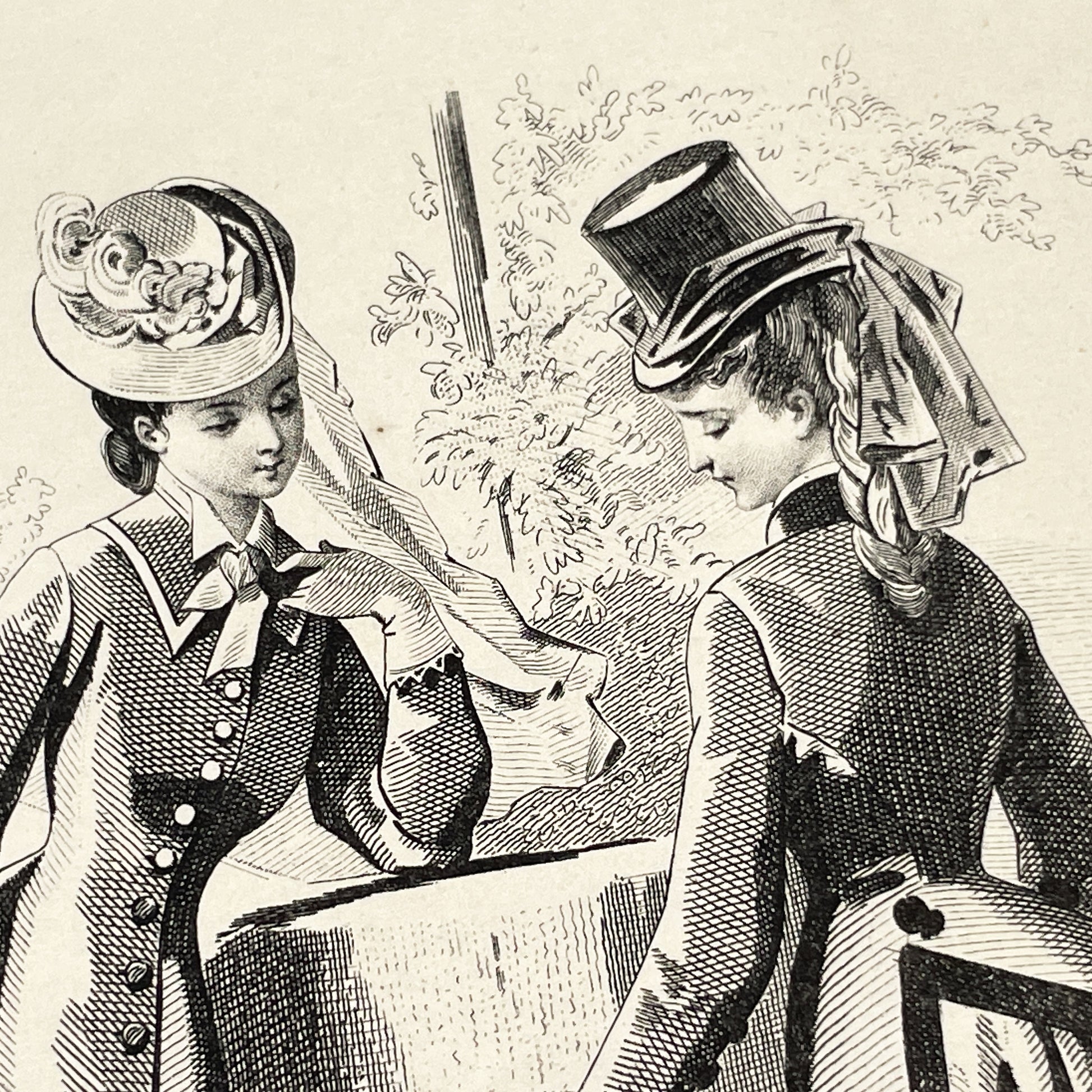 1870s - Exquisite French Fashion Print from Journal des Demoiselles - Original 1875 Engraving - Elegant Parisian Ladies and Greyhound Dog