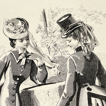 1870s - Exquisite French Fashion Print from Journal des Demoiselles - Original 1875 Engraving - Elegant Parisian Ladies and Greyhound Dog