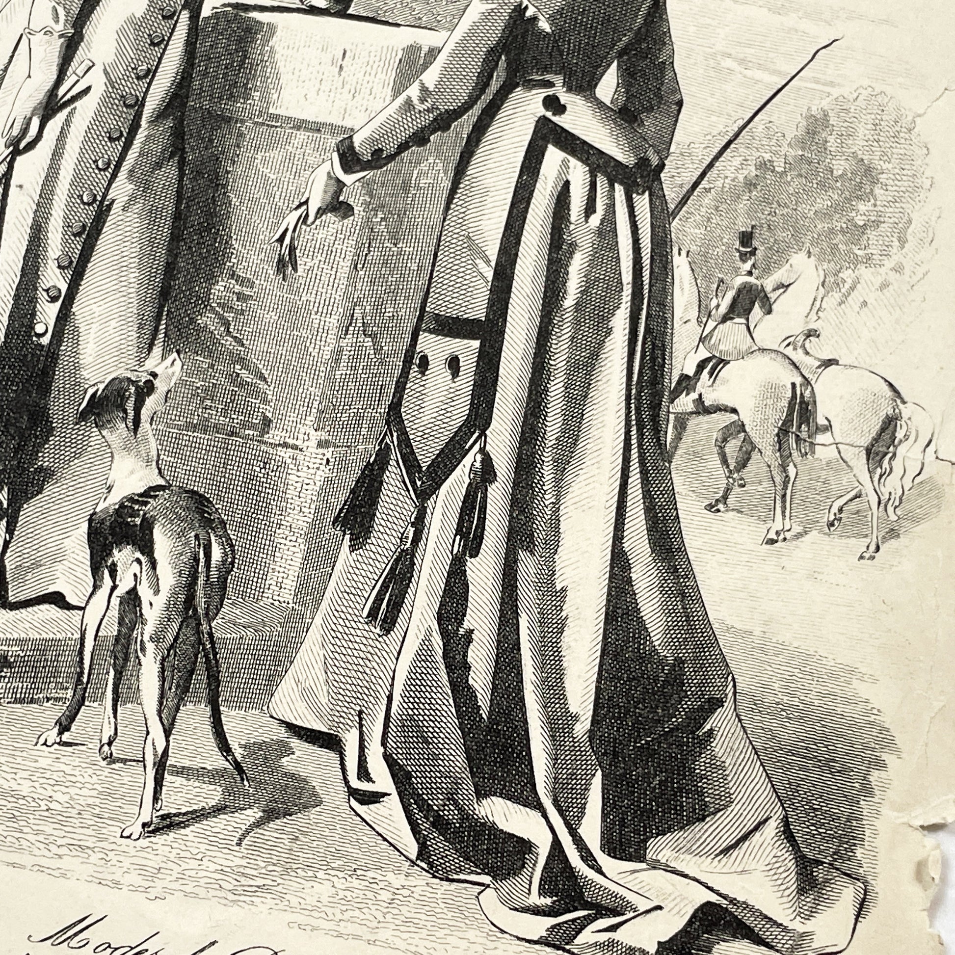 1870s - Exquisite French Fashion Print from Journal des Demoiselles - Original 1875 Engraving - Elegant Parisian Ladies and Greyhound Dog