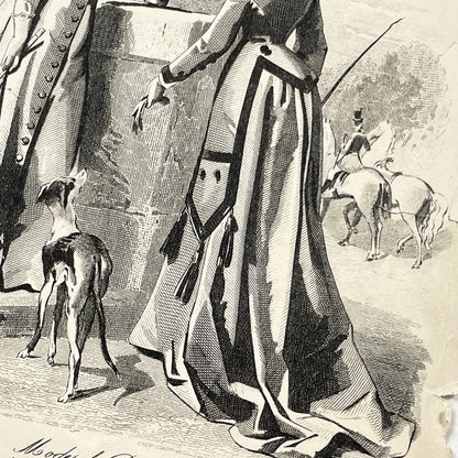 1870s - Exquisite French Fashion Print from Journal des Demoiselles - Original 1875 Engraving - Elegant Parisian Ladies and Greyhound Dog