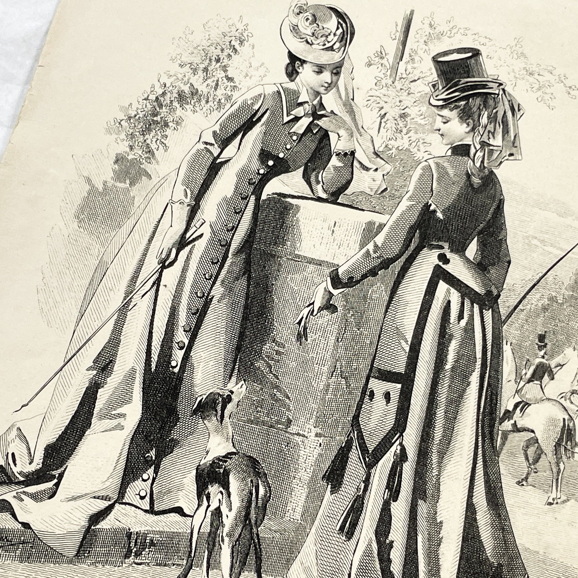 1870s - Exquisite French Fashion Print from Journal des Demoiselles - Original 1875 Engraving - Elegant Parisian Ladies and Greyhound Dog