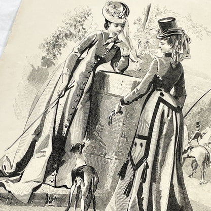 1870s - Exquisite French Fashion Print from Journal des Demoiselles - Original 1875 Engraving - Elegant Parisian Ladies and Greyhound Dog