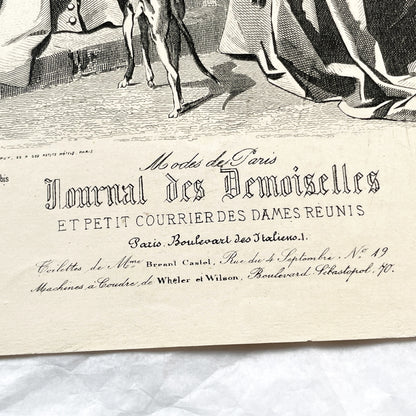 1870s - Exquisite French Fashion Print from Journal des Demoiselles - Original 1875 Engraving - Elegant Parisian Ladies and Greyhound Dog