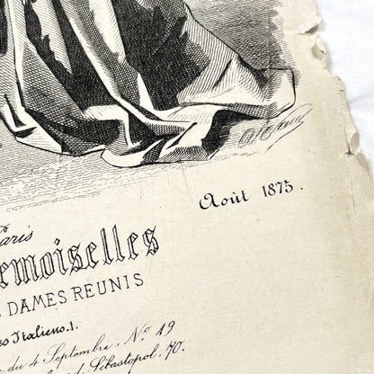 1870s - Exquisite French Fashion Print from Journal des Demoiselles - Original 1875 Engraving - Elegant Parisian Ladies and Greyhound Dog