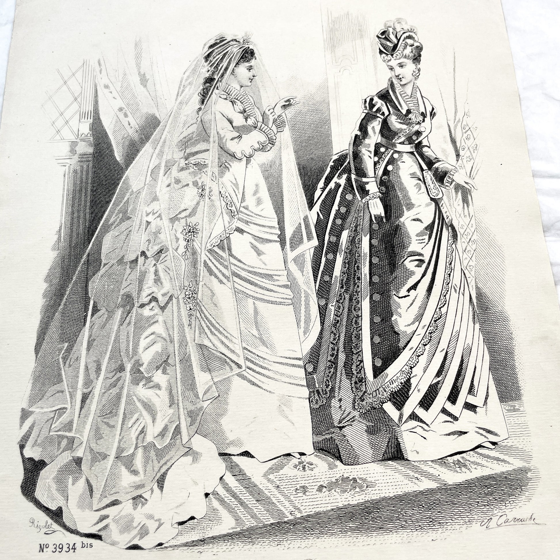 1880s - Vintage French Fashion Plate - Journal des Demoiselles - Parisian Couture Engraving - Victorian Bridal and Day Dress Original Art