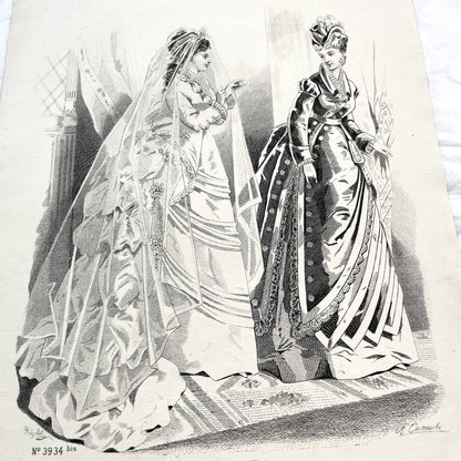 1880s - Vintage French Fashion Plate - Journal des Demoiselles - Parisian Couture Engraving - Victorian Bridal and Day Dress Original Art