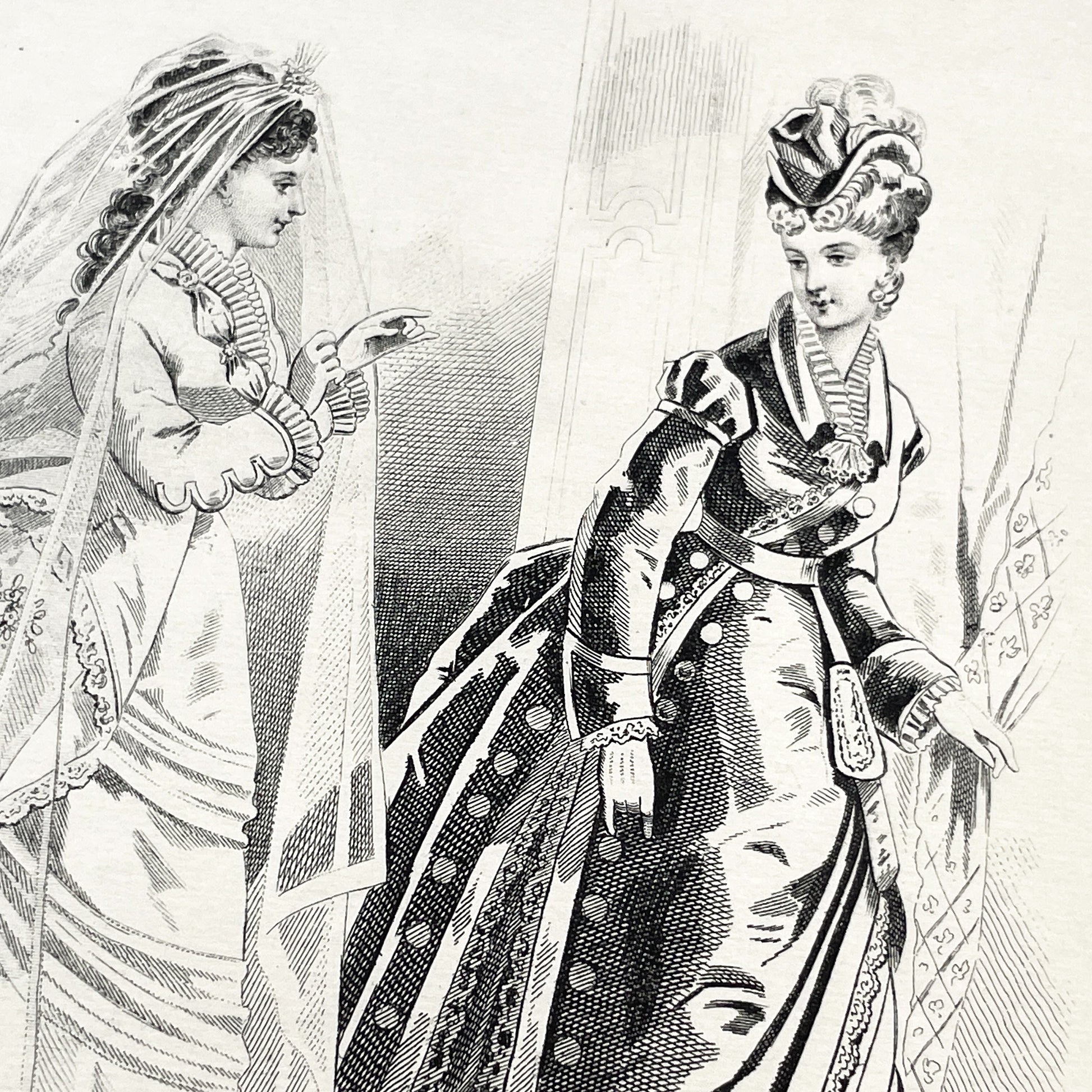 1880s - Vintage French Fashion Plate - Journal des Demoiselles - Parisian Couture Engraving - Victorian Bridal and Day Dress Original Art