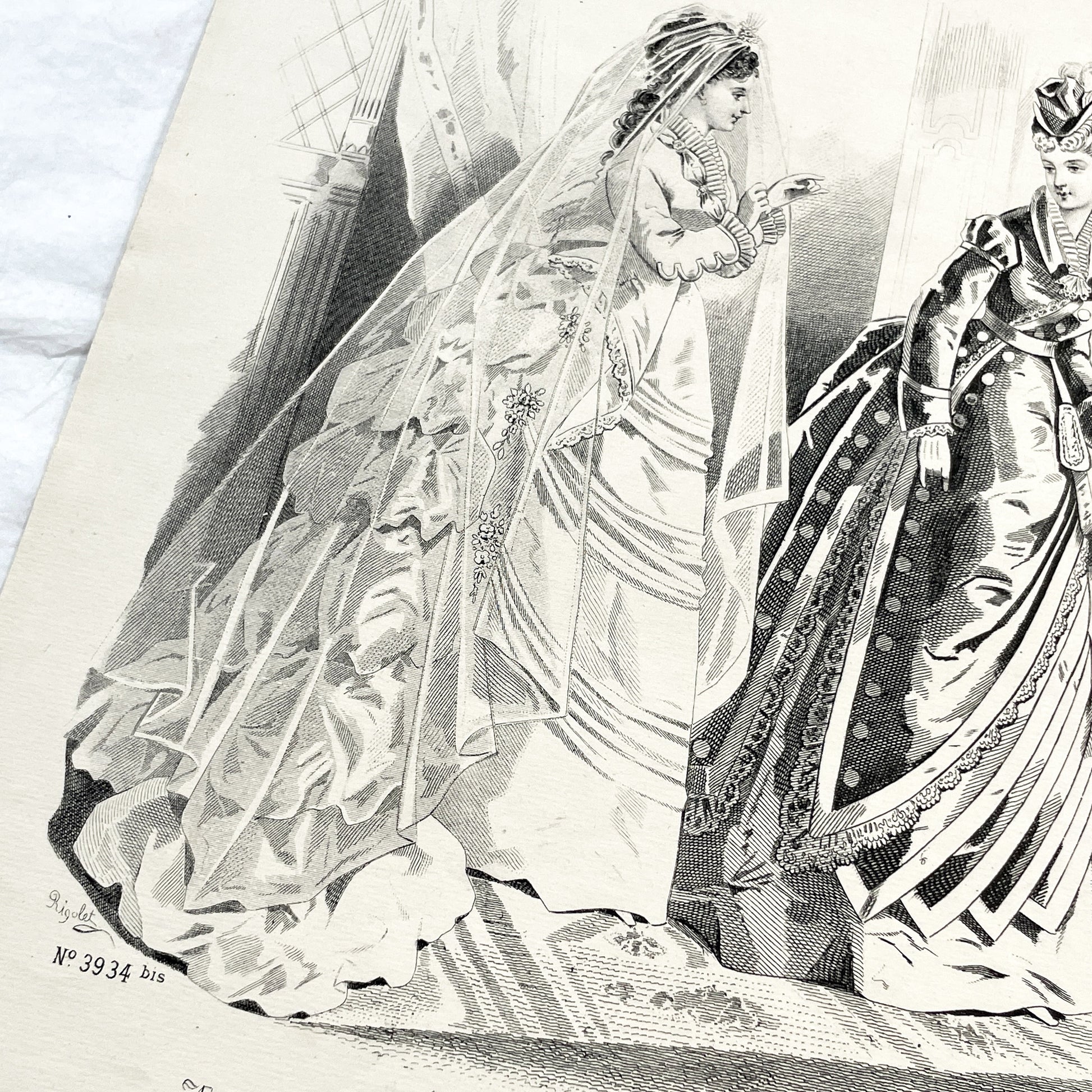 1880s - Vintage French Fashion Plate - Journal des Demoiselles - Parisian Couture Engraving - Victorian Bridal and Day Dress Original Art