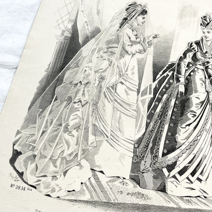 1880s - Vintage French Fashion Plate - Journal des Demoiselles - Parisian Couture Engraving - Victorian Bridal and Day Dress Original Art