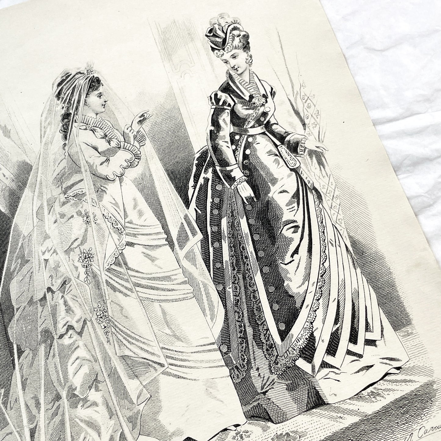 1880s - Vintage French Fashion Plate - Journal des Demoiselles - Parisian Couture Engraving - Victorian Bridal and Day Dress Original Art