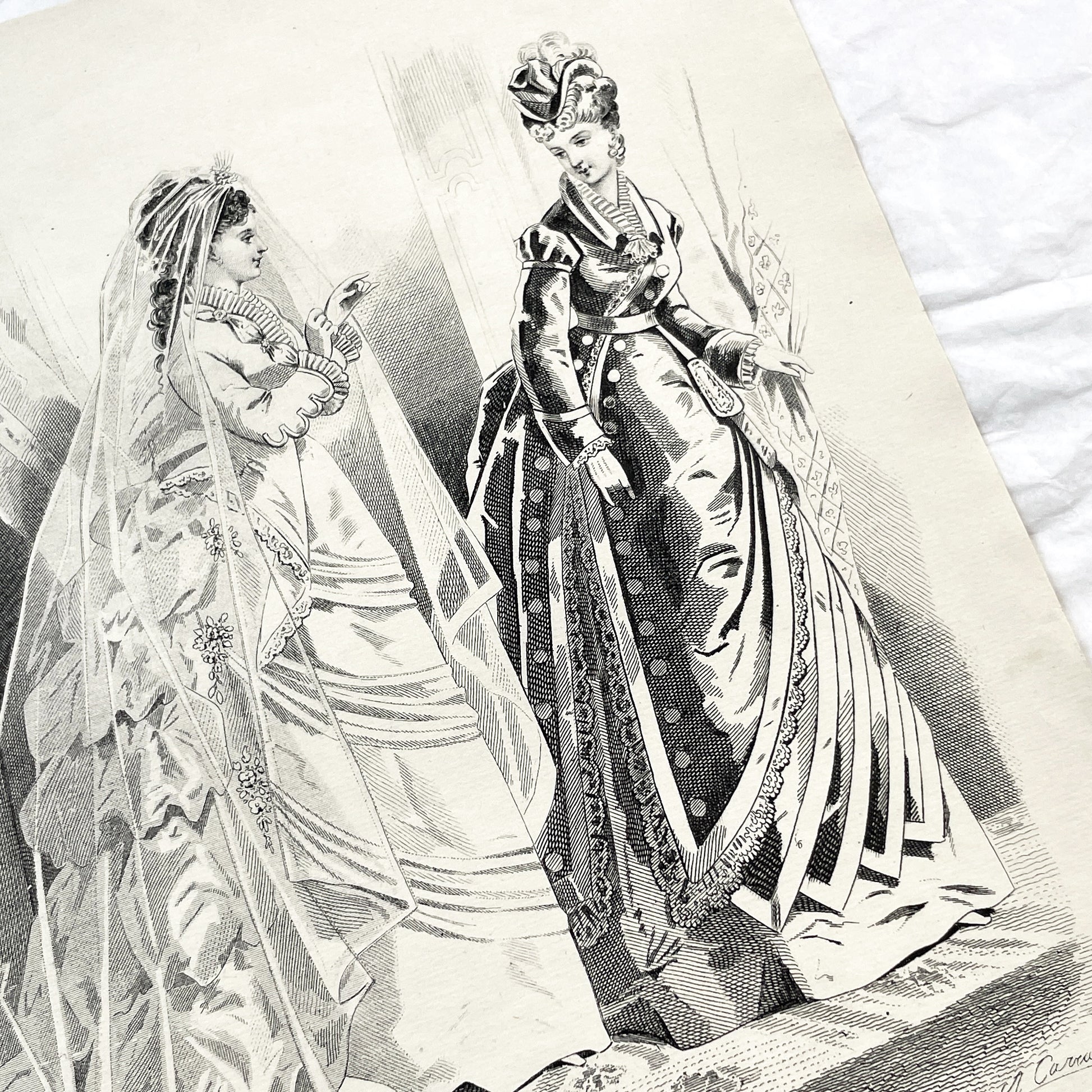1880s - Vintage French Fashion Plate - Journal des Demoiselles - Parisian Couture Engraving - Victorian Bridal and Day Dress Original Art