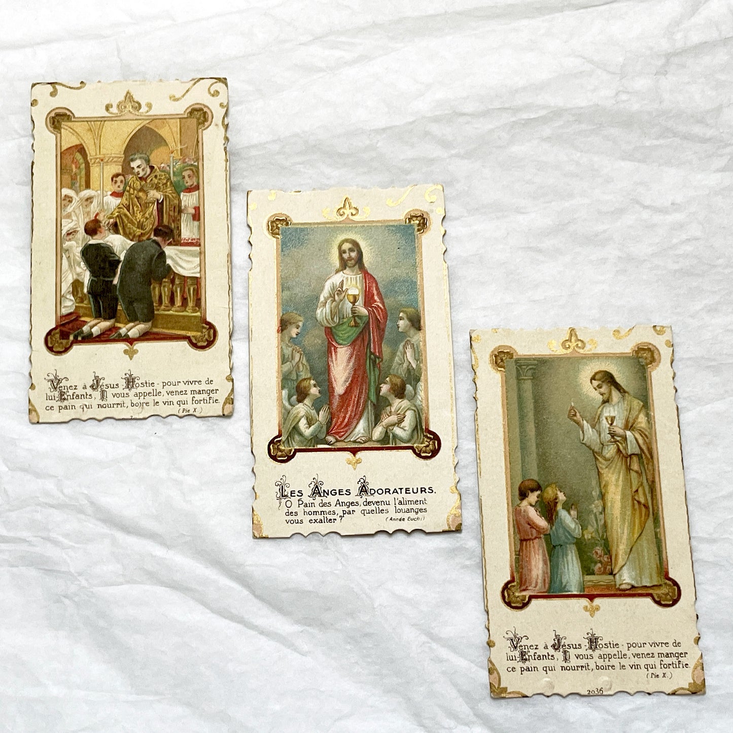 1910s - 3 Vintage Religious Cards - French Holy Communion Prayer Cards - Ornate Catholic Art - Ephemera for Junk Journals and Scrapbooking