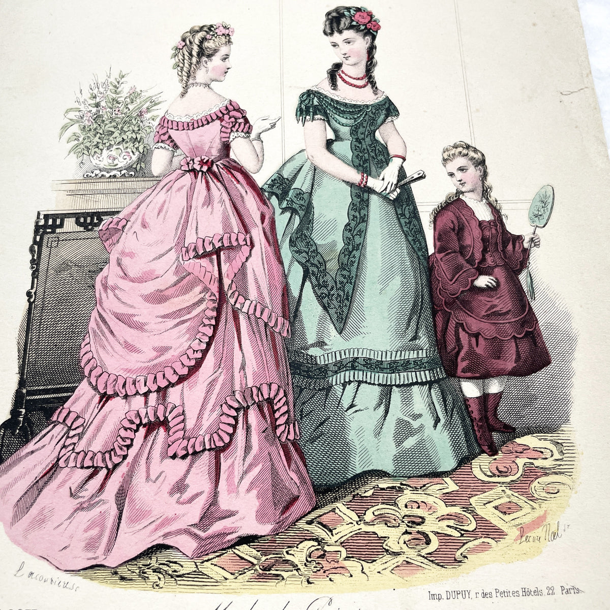 1870s - Original French Fashion Print from Journal des Demoiselles - Modistes de Paris Evening Wear Gown Illustration - Victorian Era