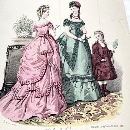 1870s - Original French Fashion Print from Journal des Demoiselles - Modistes de Paris Evening Wear Gown Illustration - Victorian Era